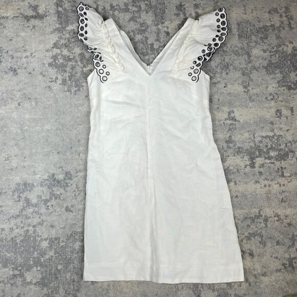 J Crew Collection Eyelet Ruffle Shoulder Dress Sleeveless V neck Linen Blend 0 - Picture 3 of 11